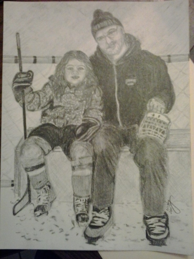 Hockey with Grampa, pencil on paper, 9"x12", © 2015 Cindy Lapeña
